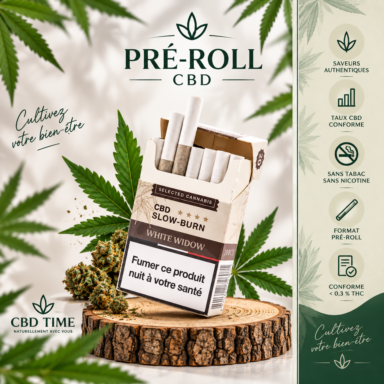 Paquet de 20 cigarettes CBD White Widow Slow Burn – CBD Time