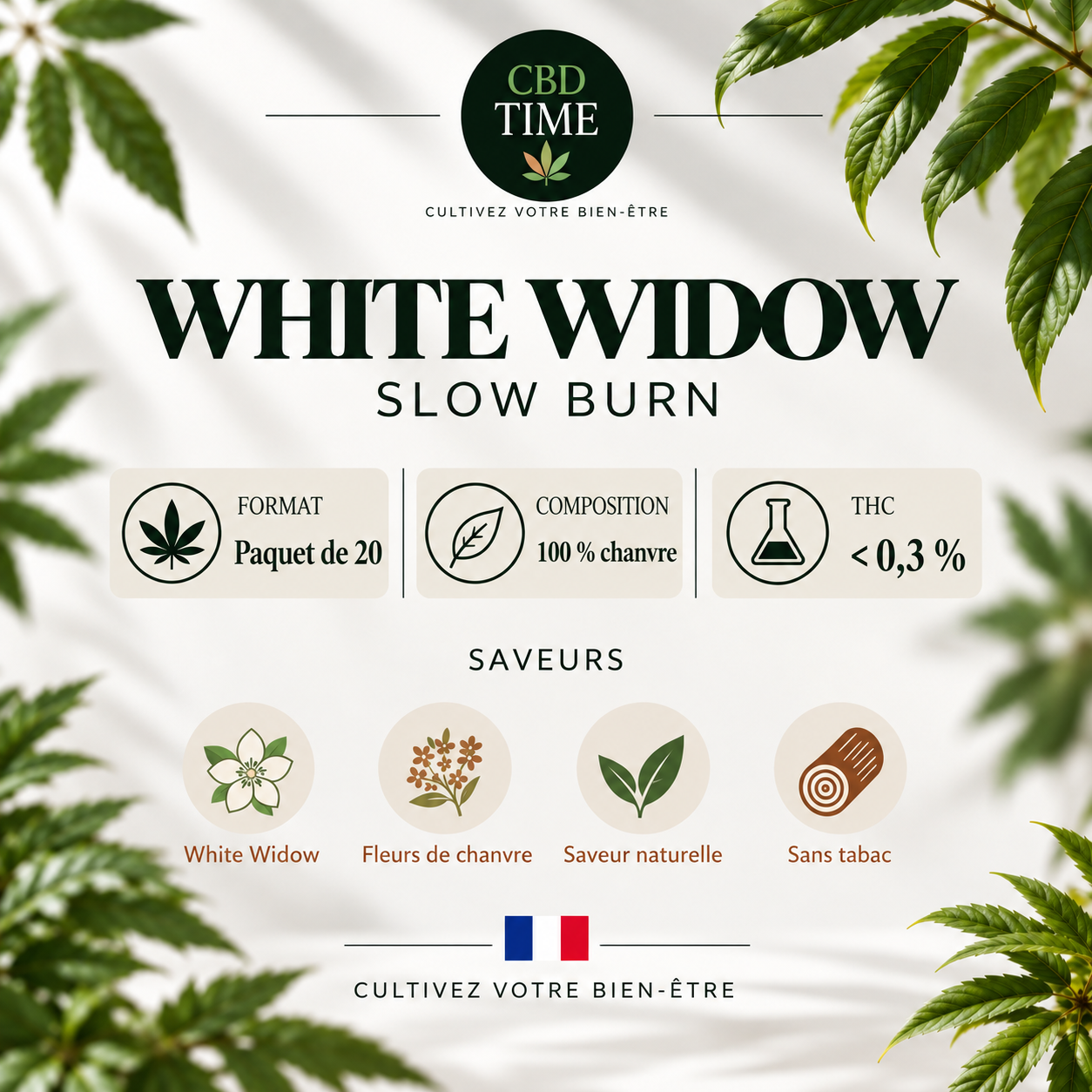 Informations et caractéristiques des cigarettes CBD White Widow Slow Burn x20